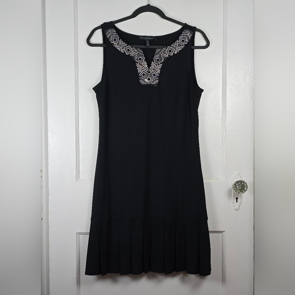 White House Black Market Beaded Black Pleated Peplum Dress S
